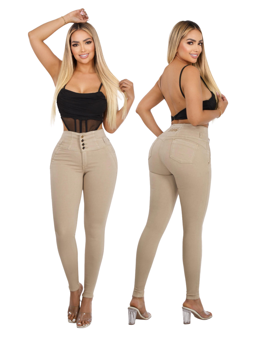 Pantalón Colombiano BBL Skinny Beige con Bolsillos