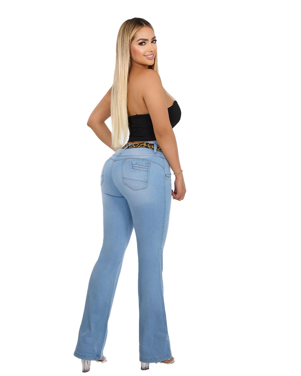 Jean Colombiano BBL Bota Ancha Azul Claro con Cinturón