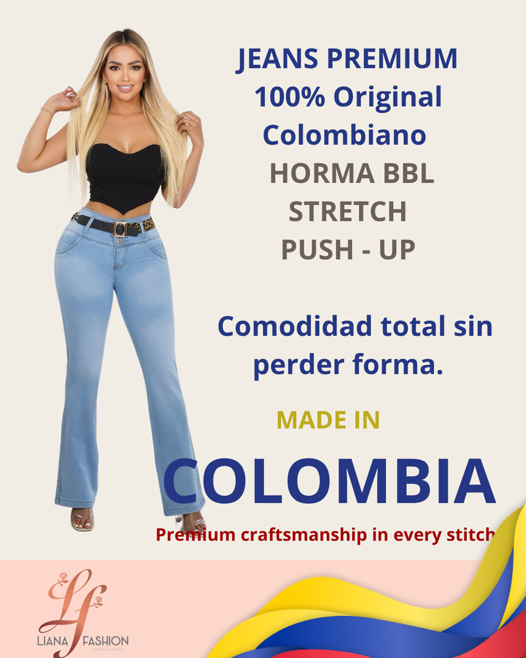 Jean Colombiano BBL Bota Ancha Azul Claro con Cinturón