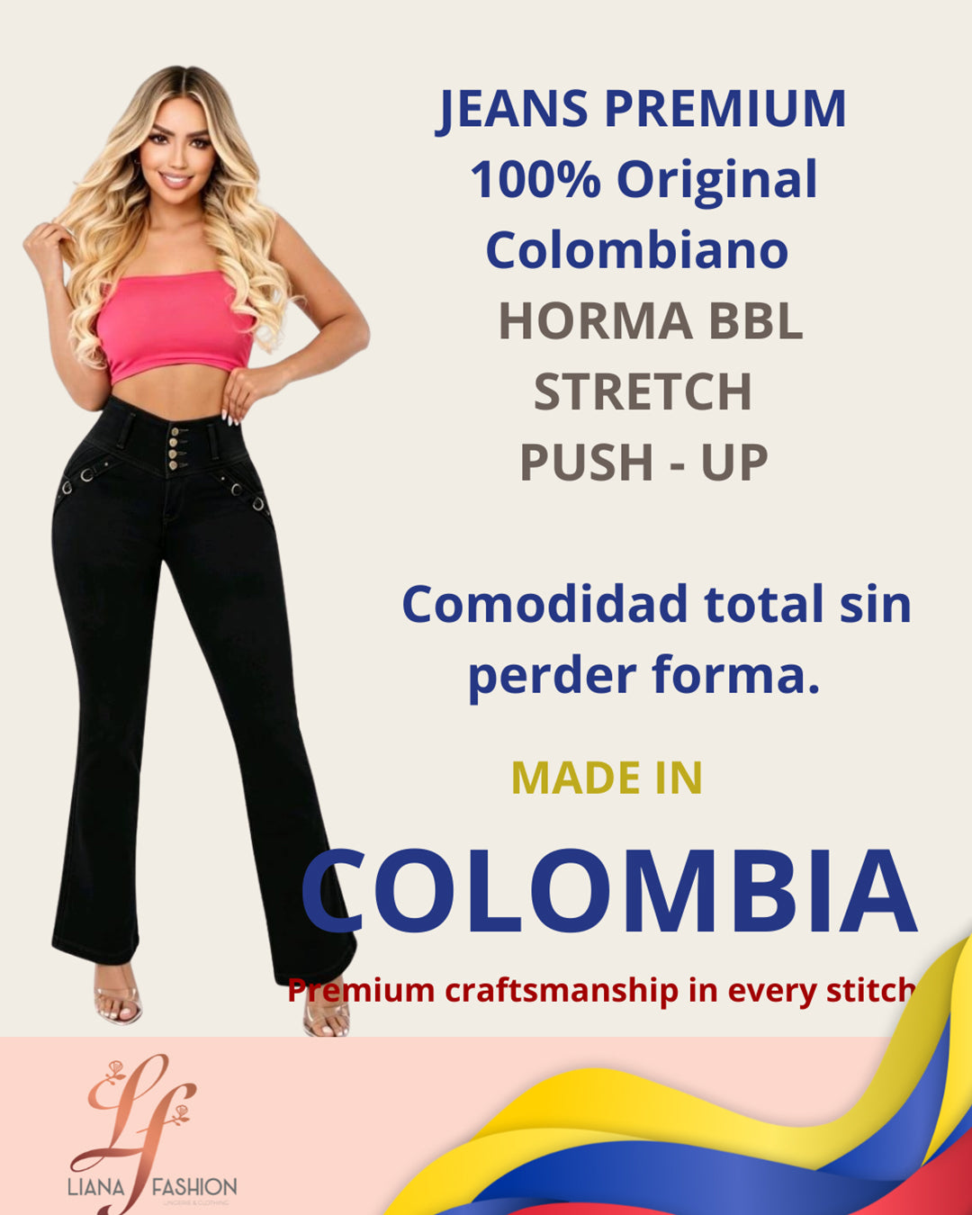 Jean Colombiano Push-Up Bota Ancha Negro sin Bolsillos