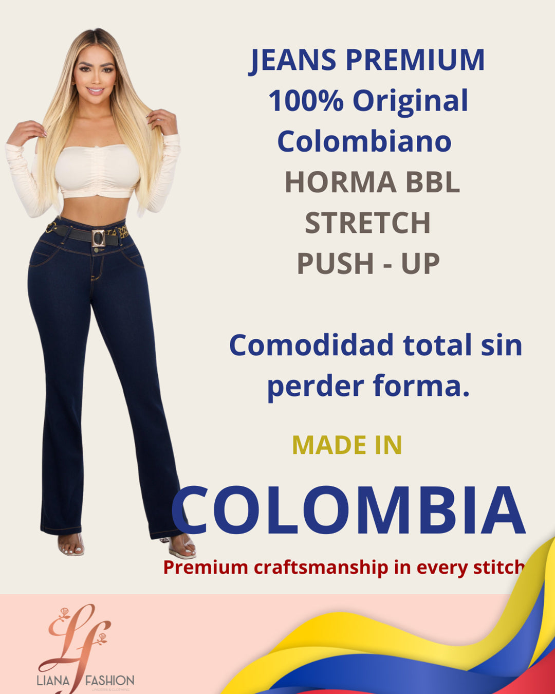 Jean Colombiano Push-Up Bota Ancha Azul Oscuro con Bolsillos