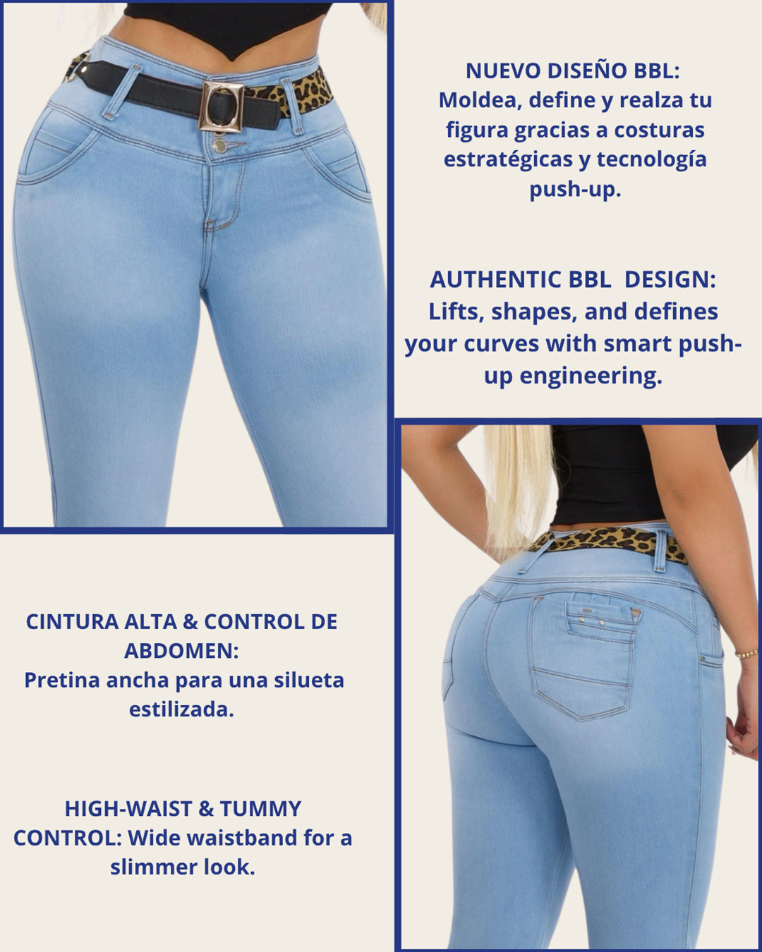 Jean Colombiano BBL Bota Ancha Azul Claro con Cinturón