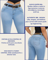 Jean Colombiano BBL Bota Ancha Azul Claro con Cinturón