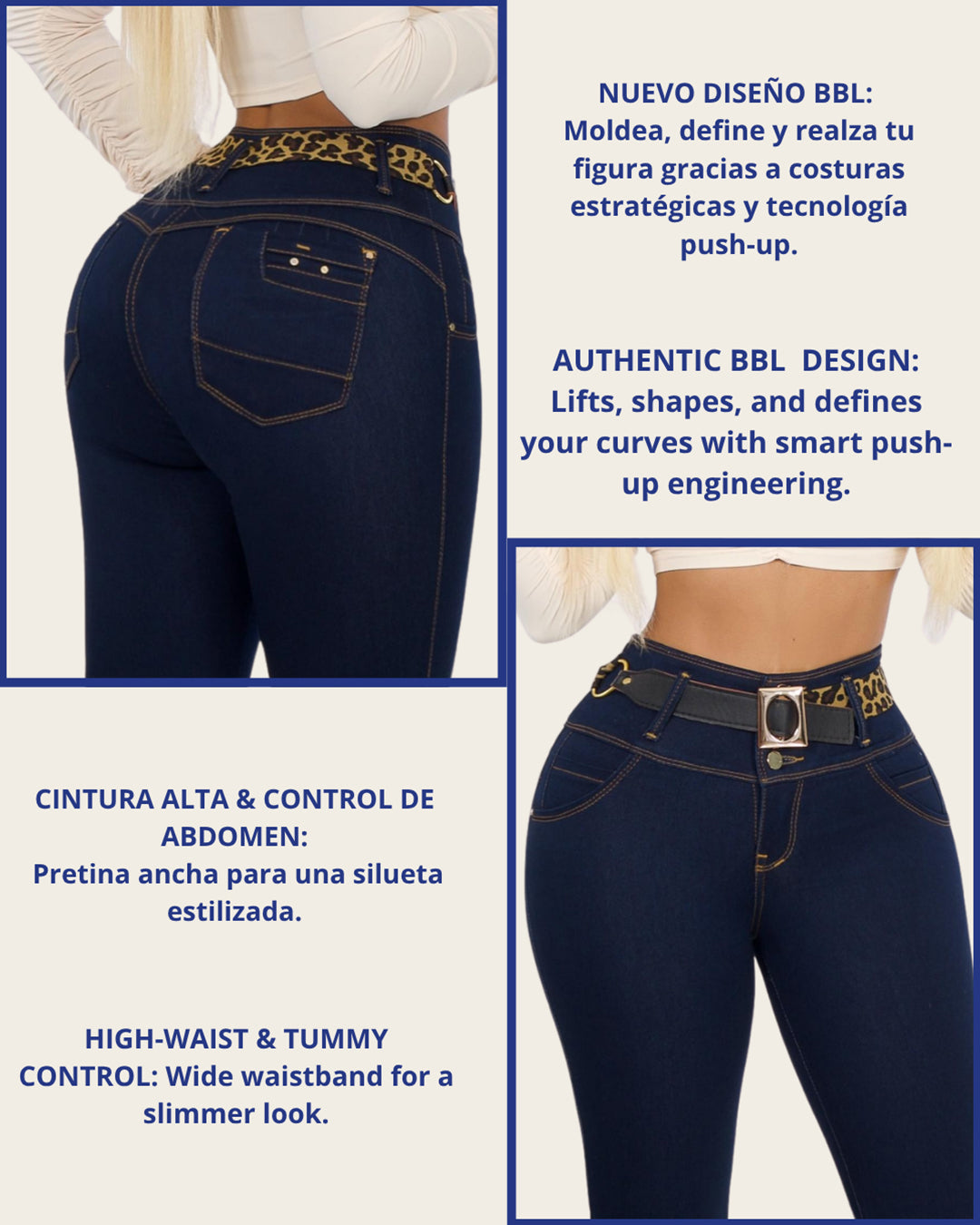Jean Colombiano Push-Up Bota Ancha Azul Oscuro con Bolsillos