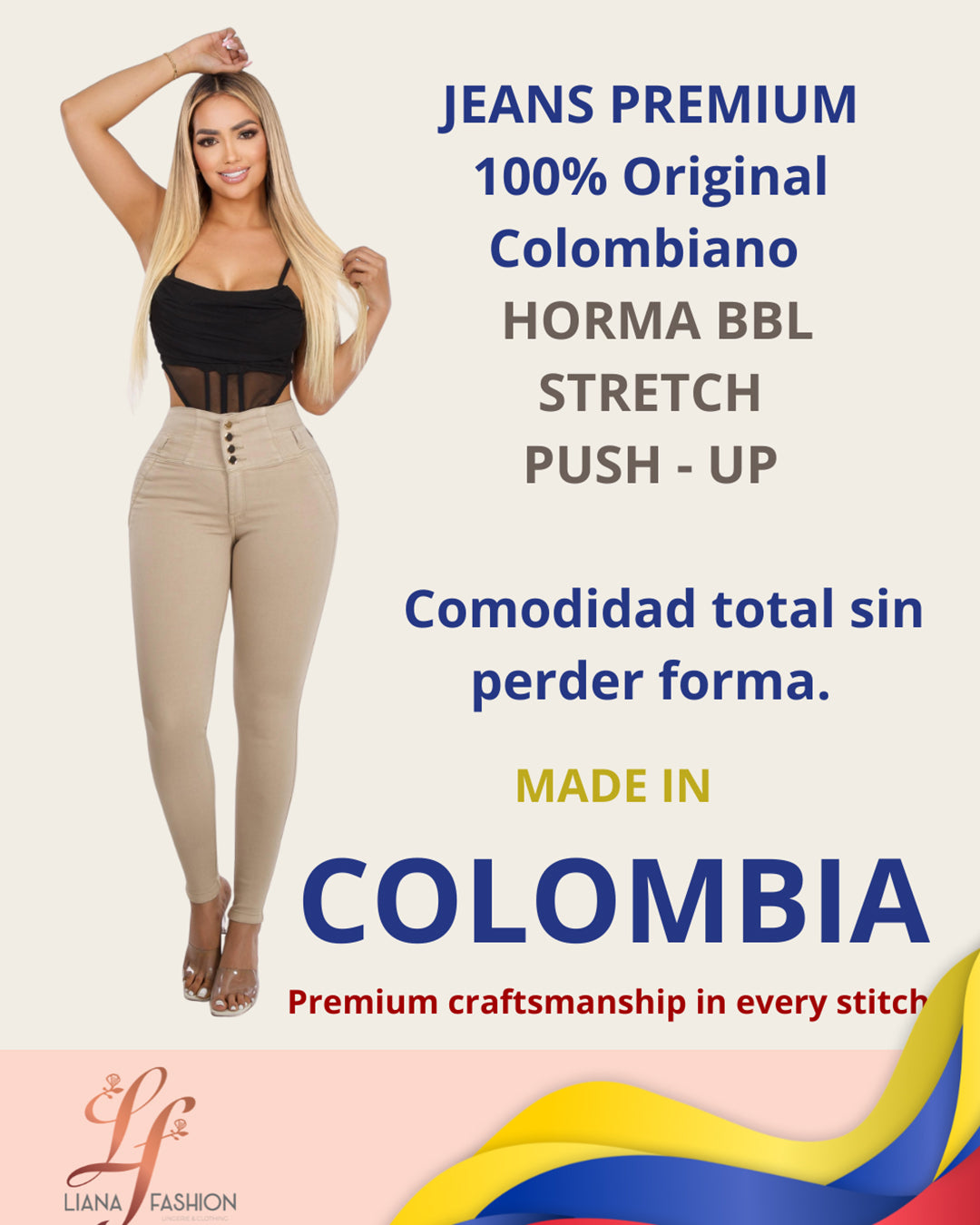 Pantalón Colombiano BBL Skinny Beige con Bolsillos