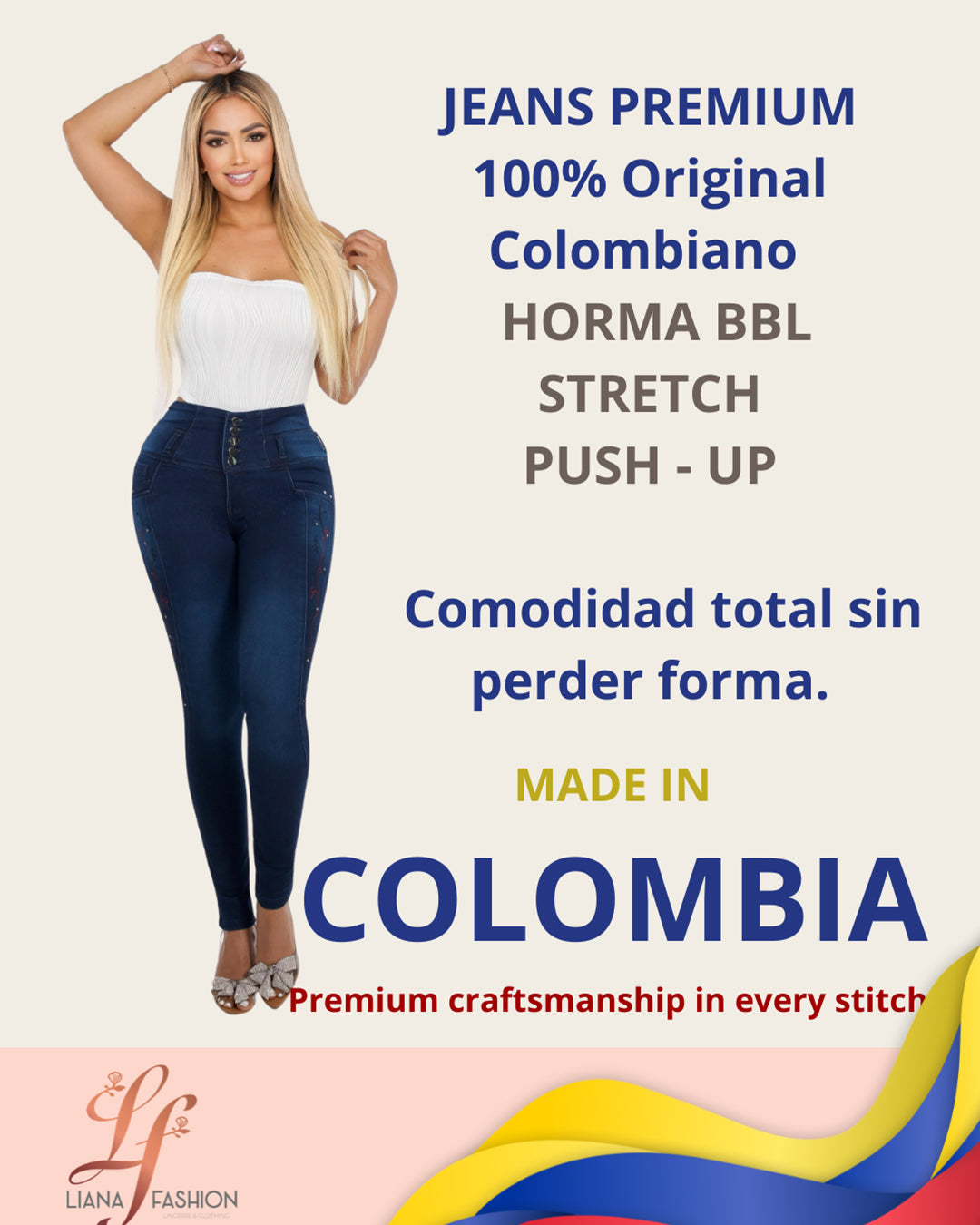Jean Colombiano Skinny Push-Up Azul Oscuro con Bolsillos