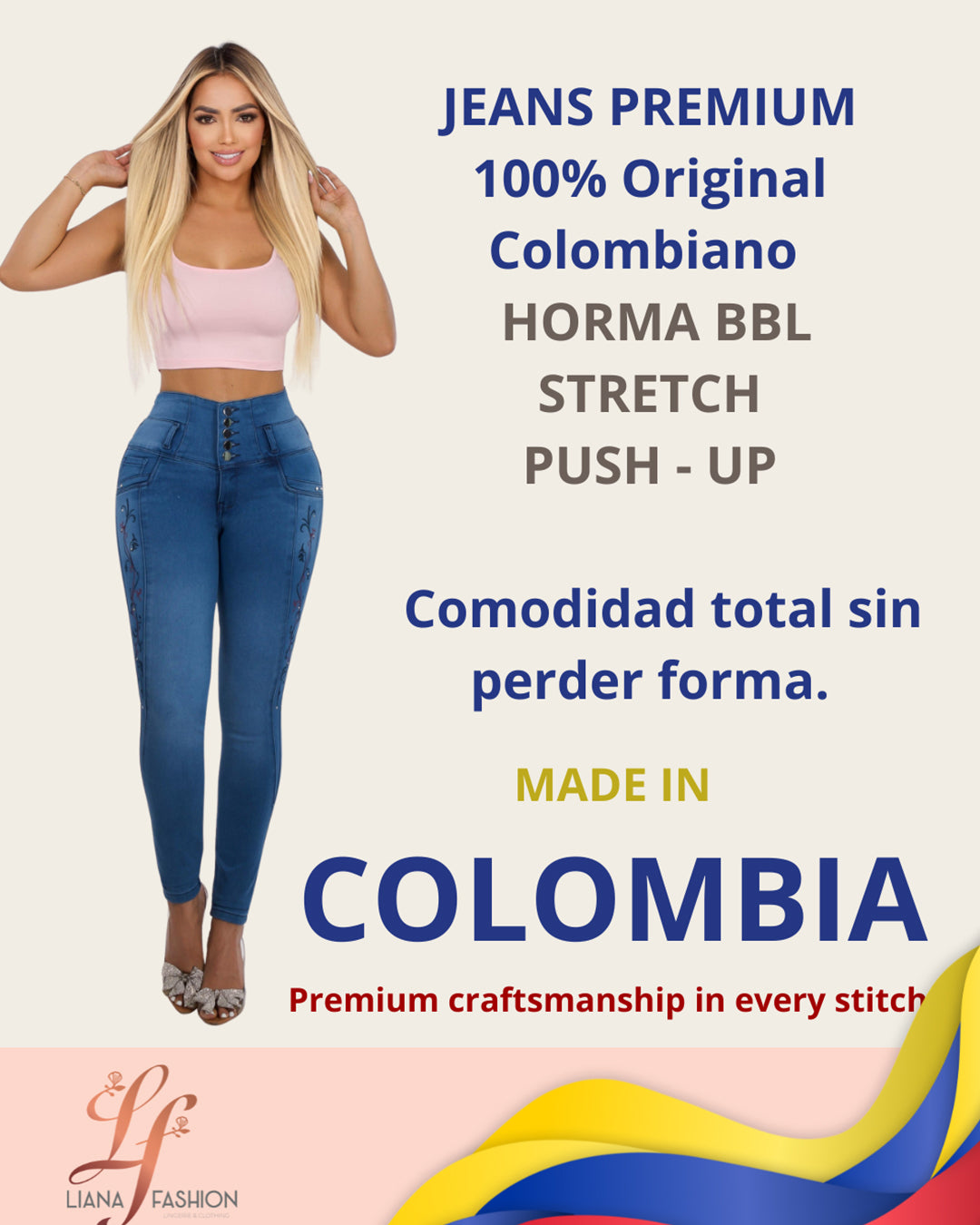 Jean Colombiano Skinny Push-Up Azul Claro con Bordado
