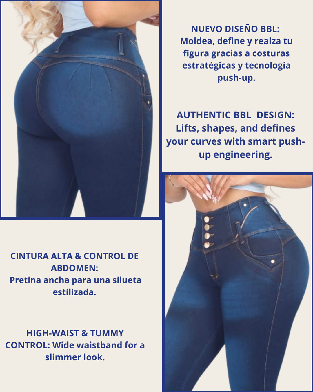 Jean Colombiano Skinny Push-Up Azul Oscuro sin Bolsillos