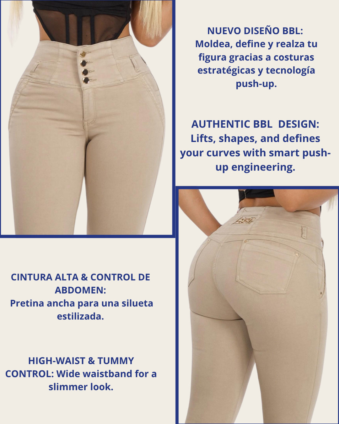 Pantalón Colombiano BBL Skinny Beige con Bolsillos