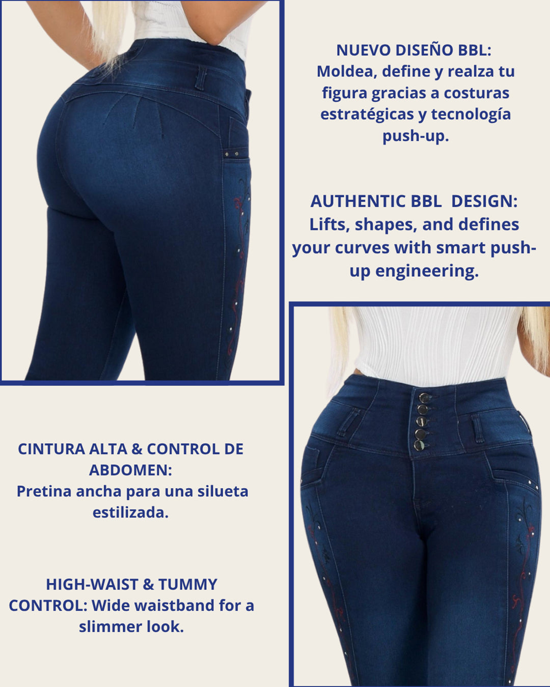 Jean Colombiano Skinny Push-Up Azul Oscuro con Bolsillos