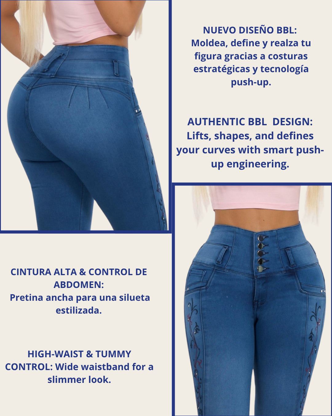 Jean Colombiano Skinny Push-Up Azul Oscuro con Bolsillos
