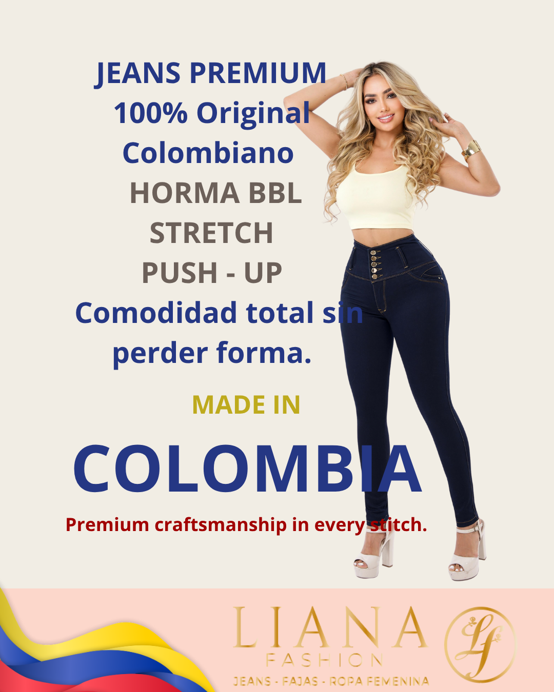 Jeans Colombianos Levantacola horma-bbl-skinny con bolsillos traseros