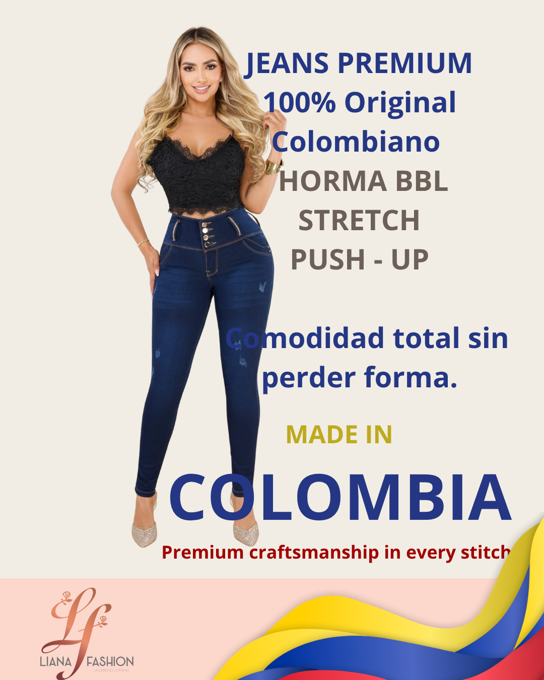 Jean Colombiano Skinny Push-Up Azul Oscuro con Bolsillos