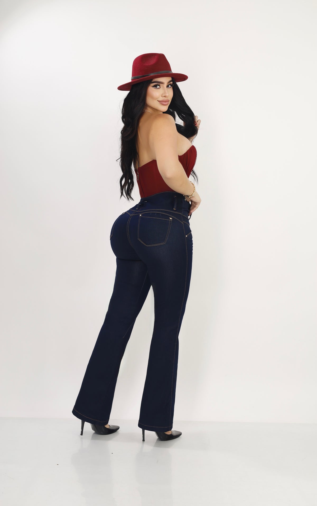 Jean Colombiano Push-Up Bota Ancha Azul Oscuro con Bolsillos