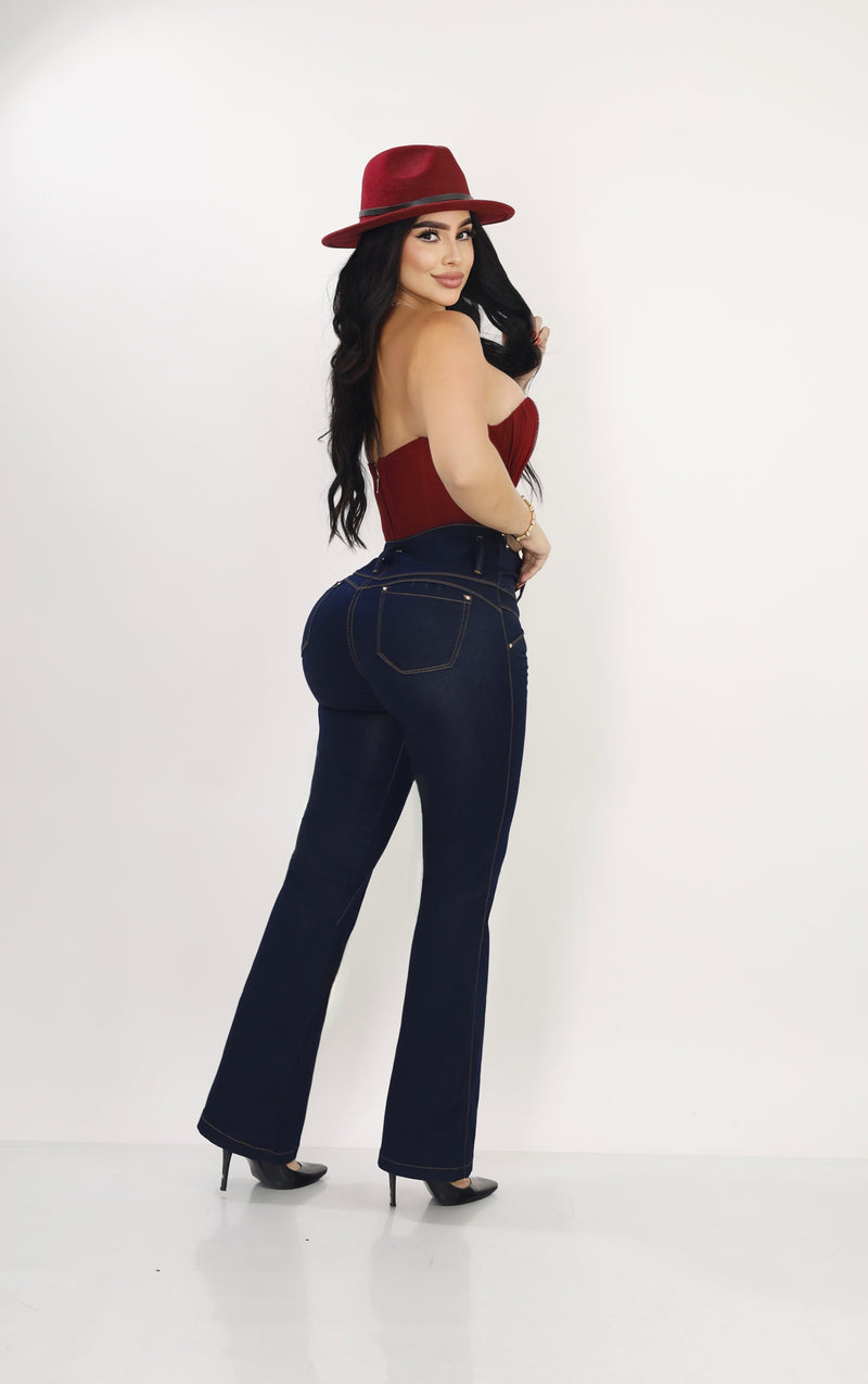 Jean Colombiano Push-Up Bota Ancha Azul Oscuro con Bolsillos